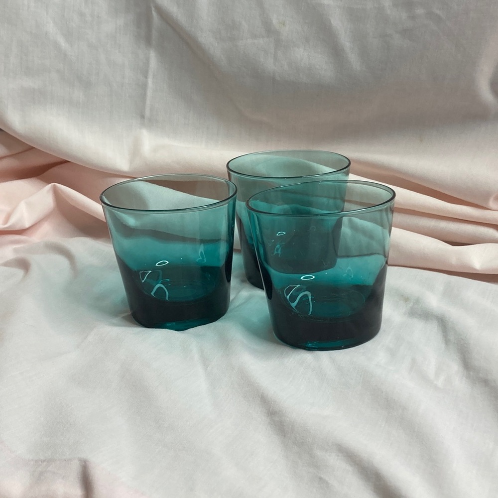 Set of Three Teal Glass Tumblers